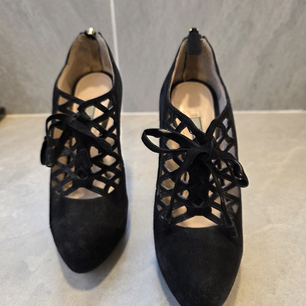 Prada Black Lace-Up Flats with Suede Finish